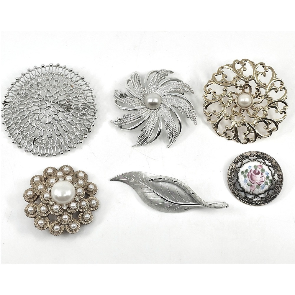 Vintage Brooch Lot 6pc Silver Gold Tone Faux Pearl Filigree Floral Leaf Enamel